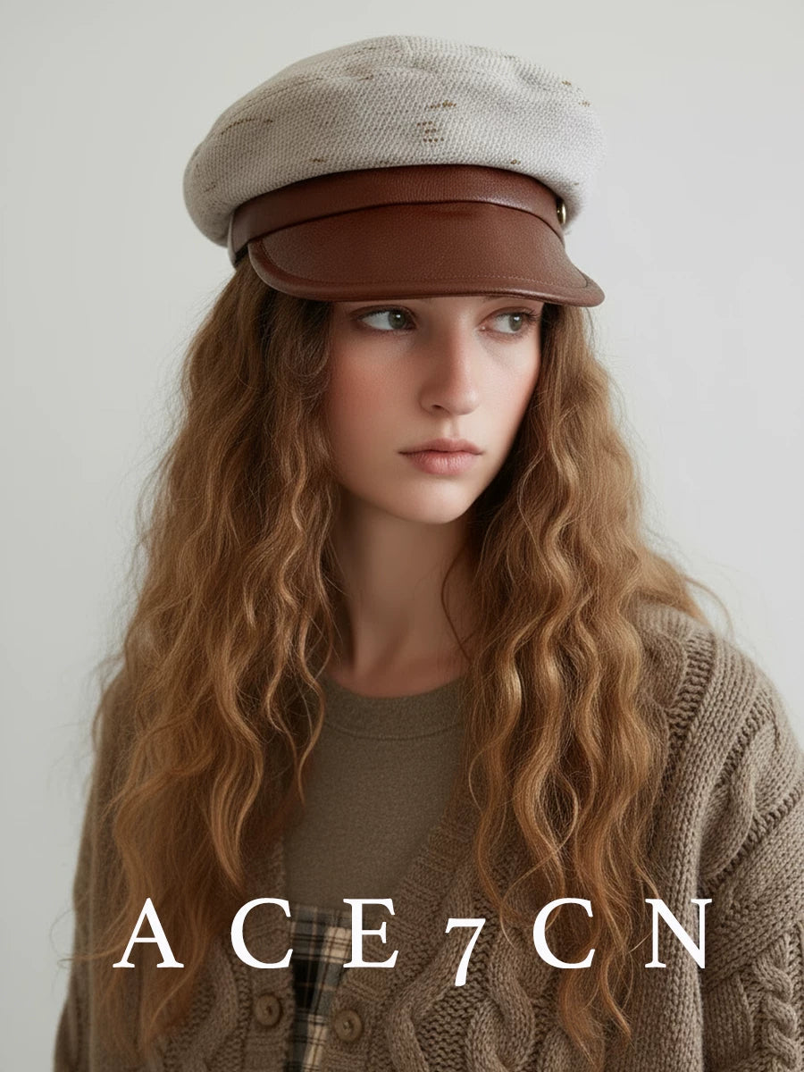 Woven Leather-Trim Newsboy Cap — ACE7CN