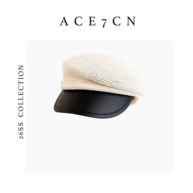 Leather-Peak Straw Newsboy Cap — ACE7CN