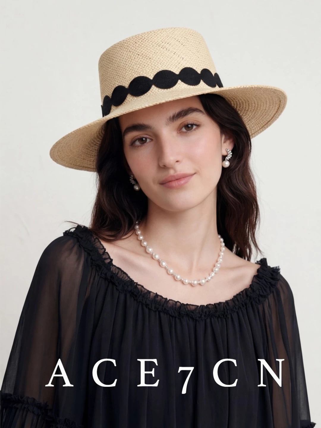 Lace-Trim Straw Panama Hat — ACE7CN