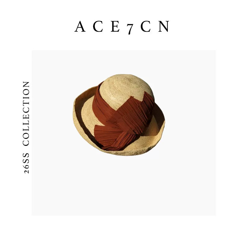 Pleated-Flower Roll-Brim Raffia Bucket Hat — ACE7CN