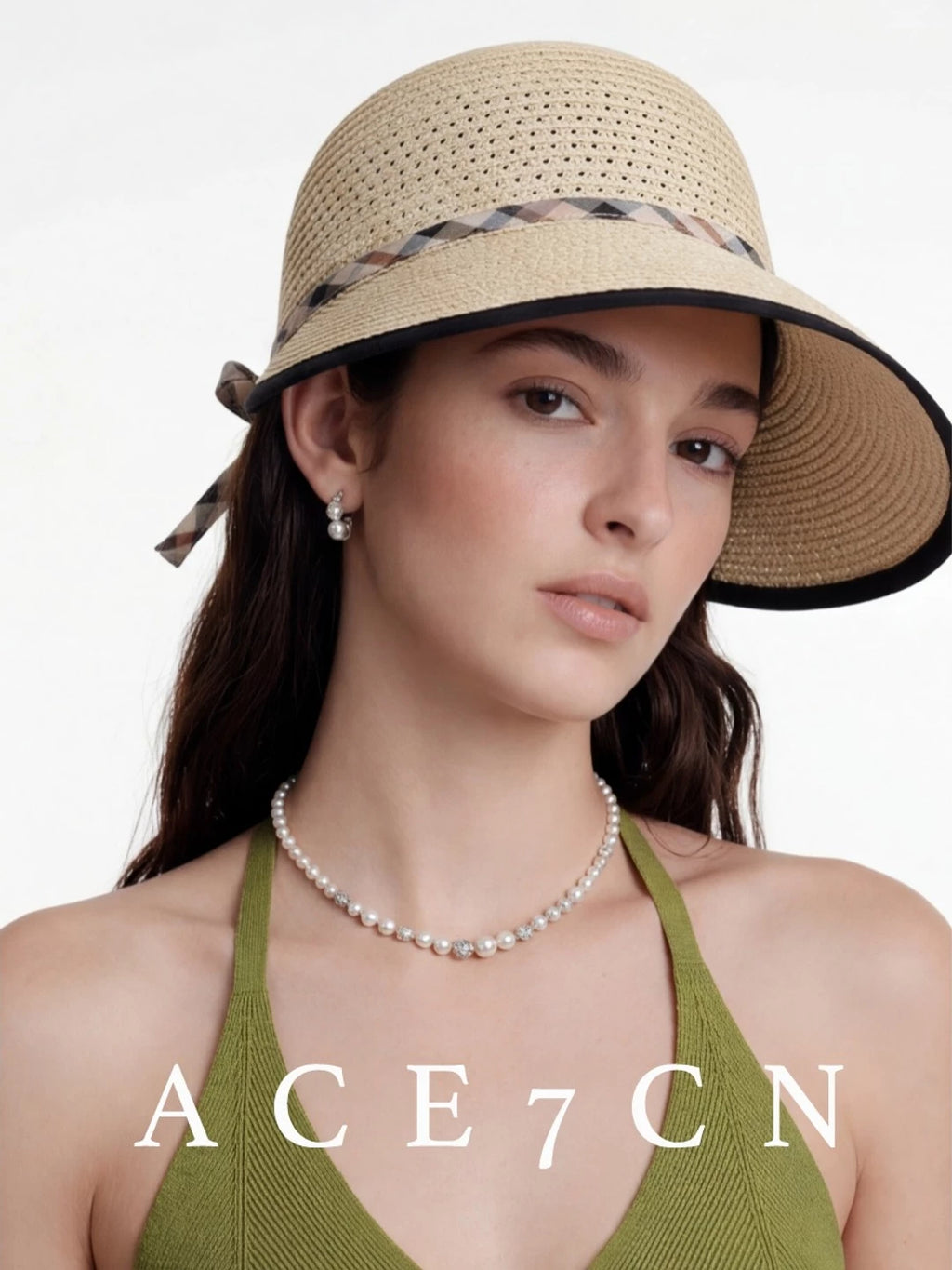 Plaid-Trim Wide-Brim Straw Sun Hat — ACE7CN