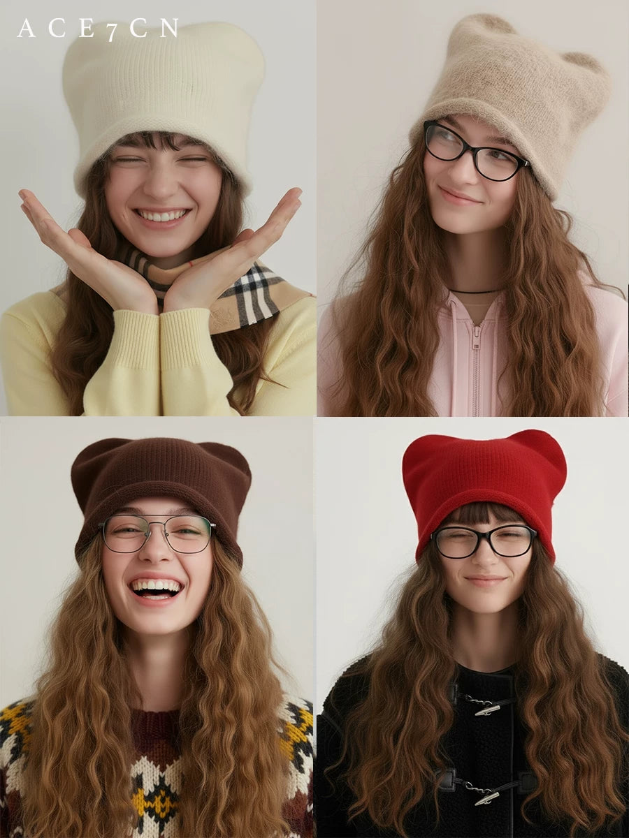 Earth-Tone Cat-Ear Angora Ear-Flap Beanie — ACE7CN