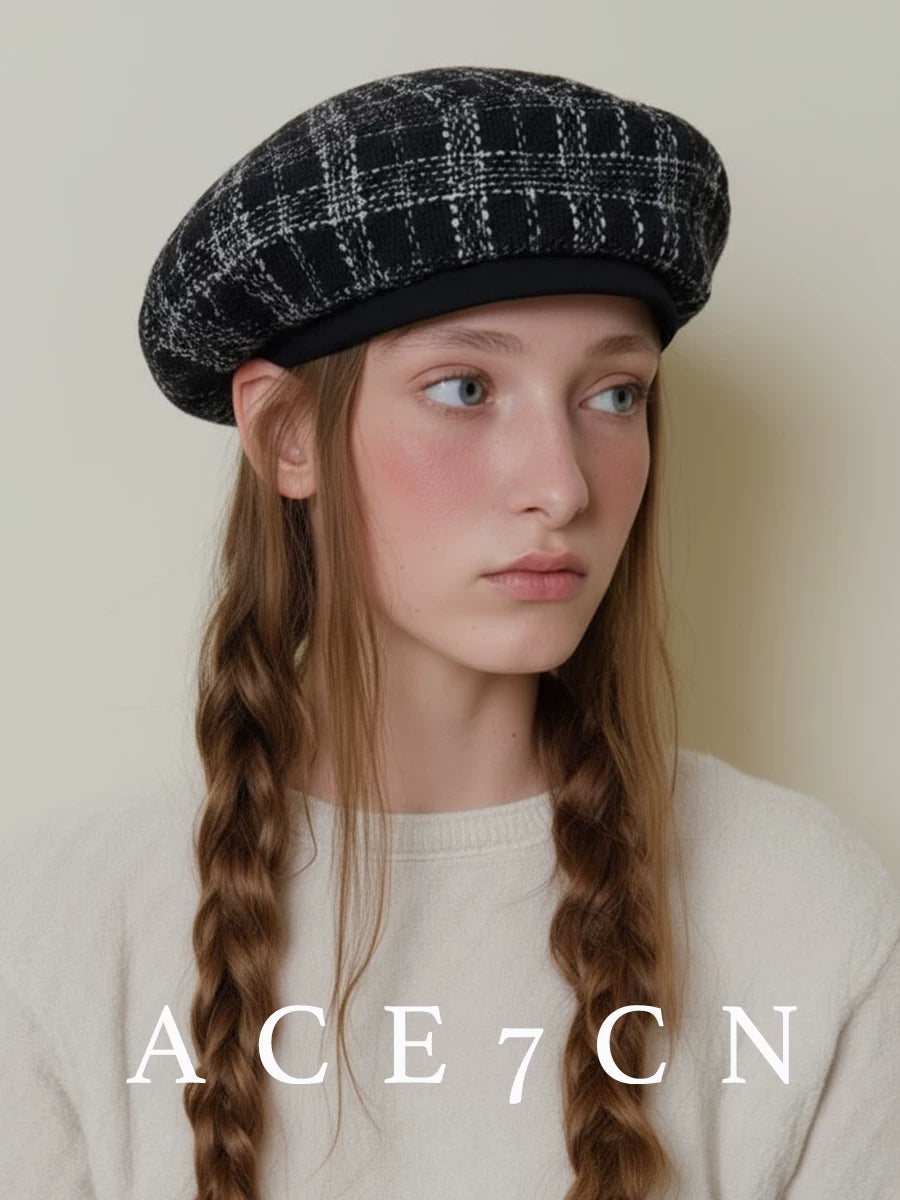 Classic Tweed Hat Japanese Plaid Beret Elegant