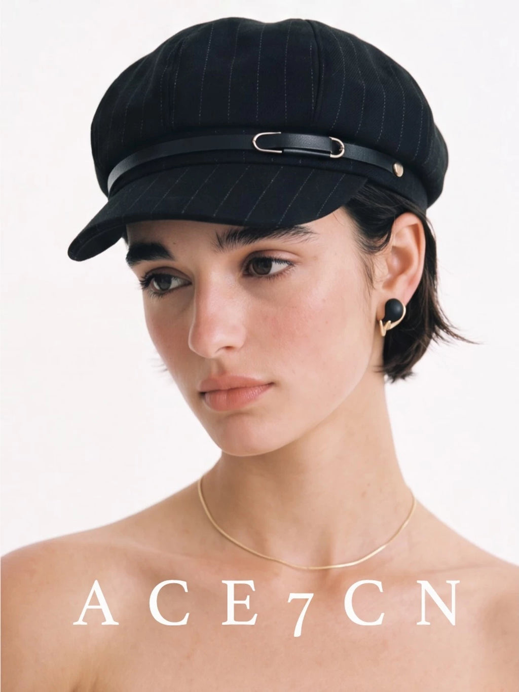 Leather-Buckle Striped Newsboy Cap — ACE7CN