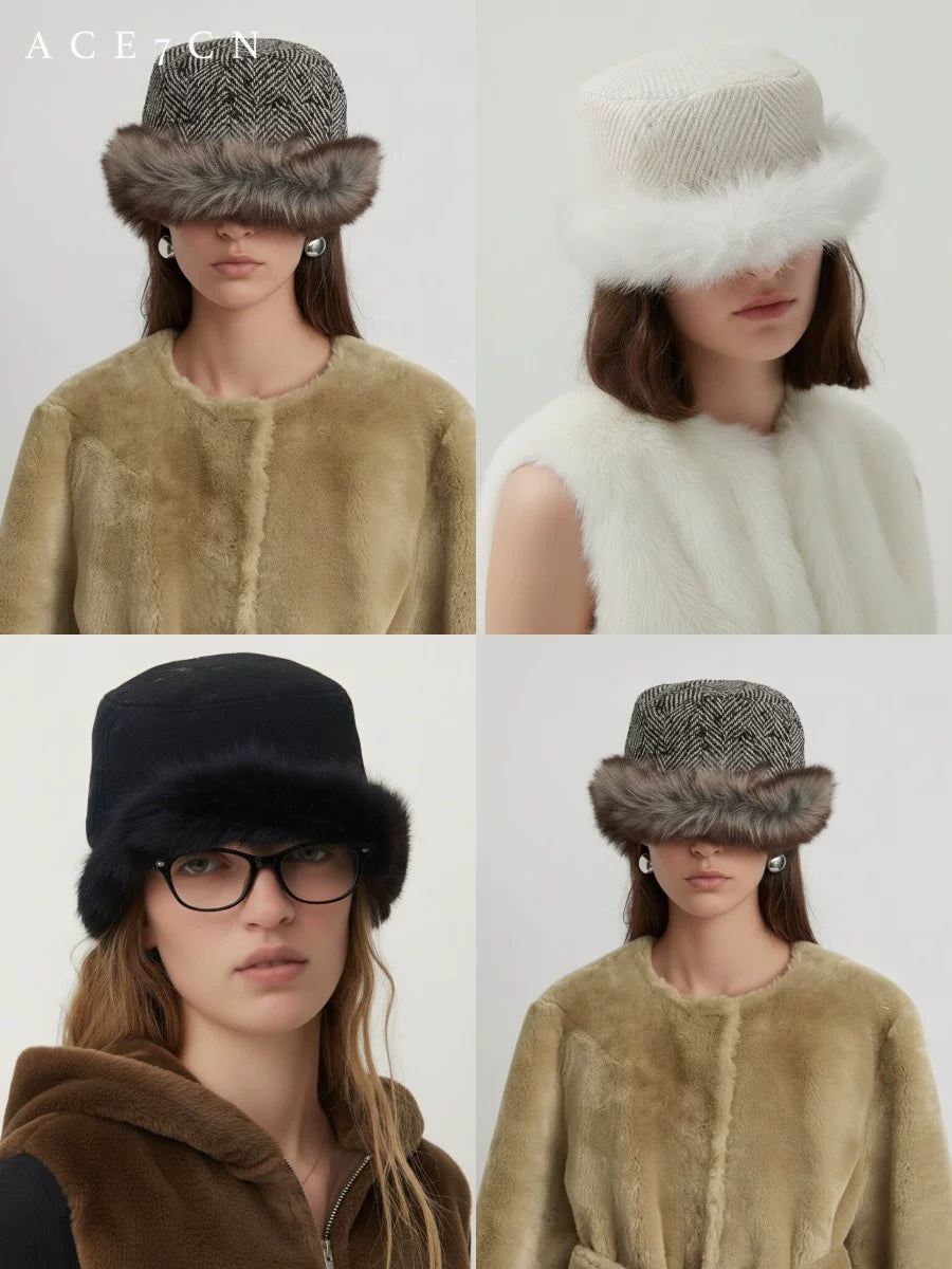 Faux-Fur Tweed Equestrian Cap — ACE7CN