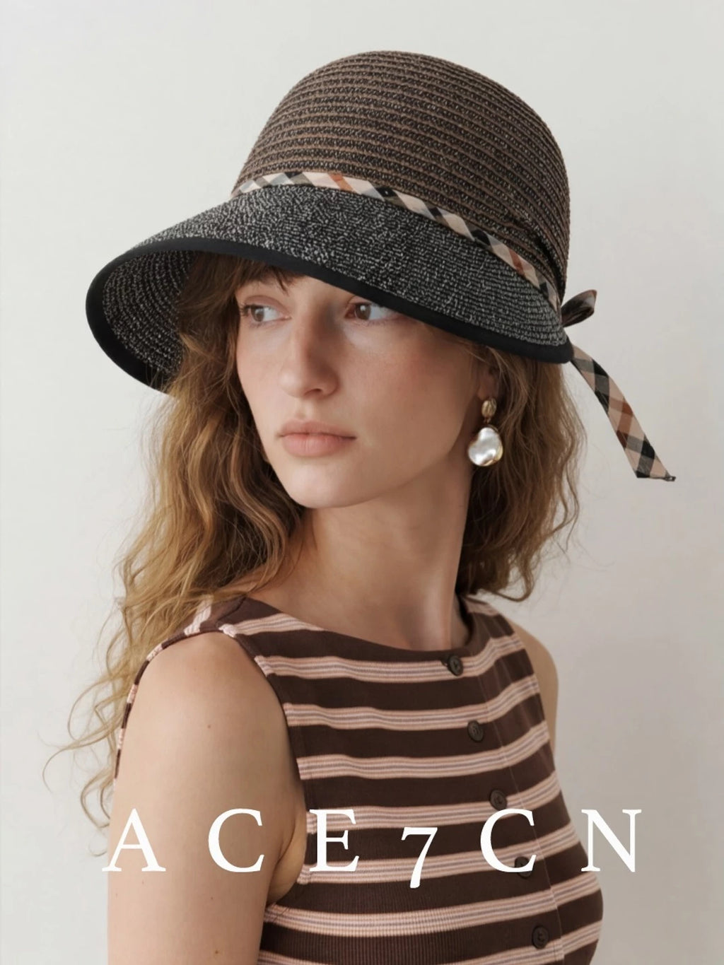 Plaid-Trim Wide-Brim Straw Sun Hat — ACE7CN