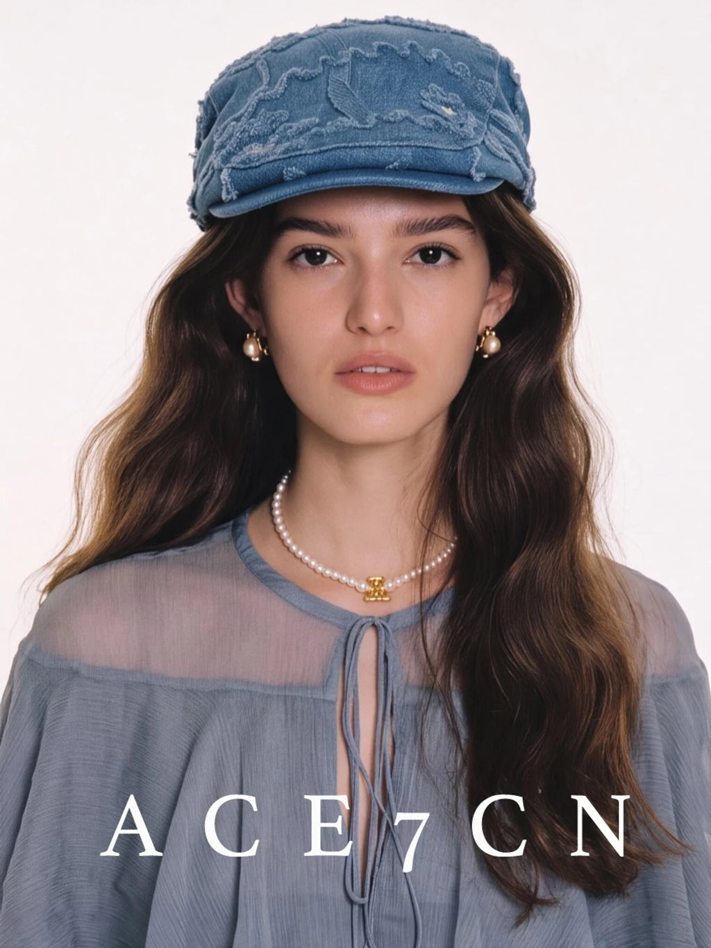 Embossed Floral Denim Flat Cap — ACE7CN