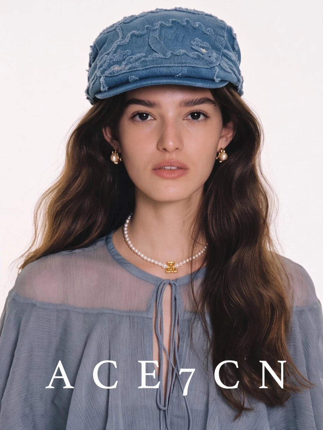 Embossed Floral Denim Flat Cap — ACE7CN