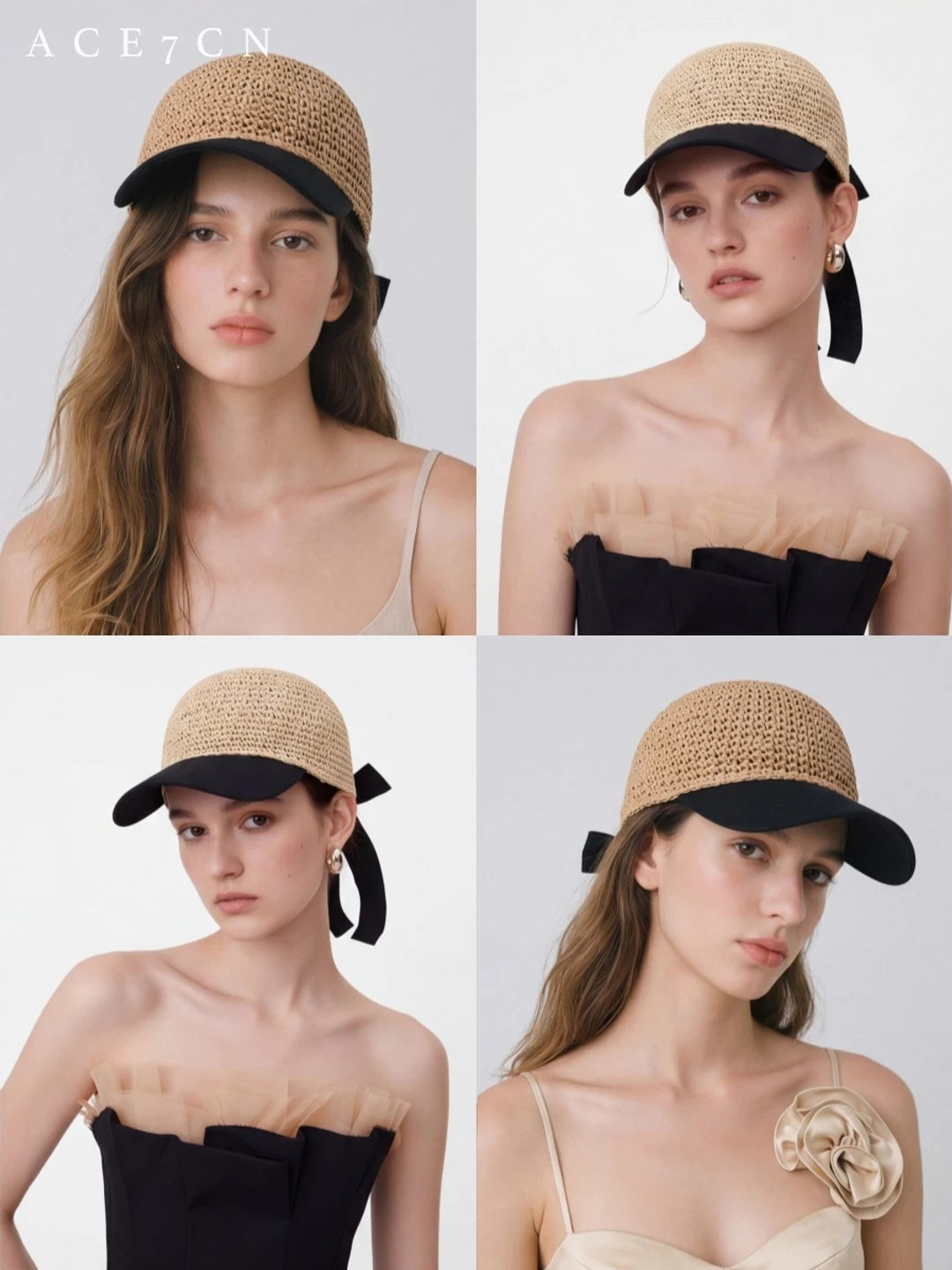 Bow-Detail Paper-Straw Baseball Cap — ACE7CN
