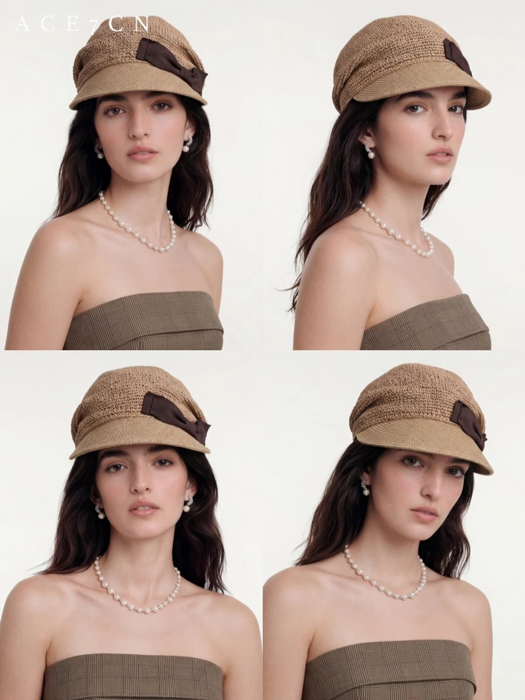Bow-Detail Hand-Woven Straw Riding Cap — ACE7CN