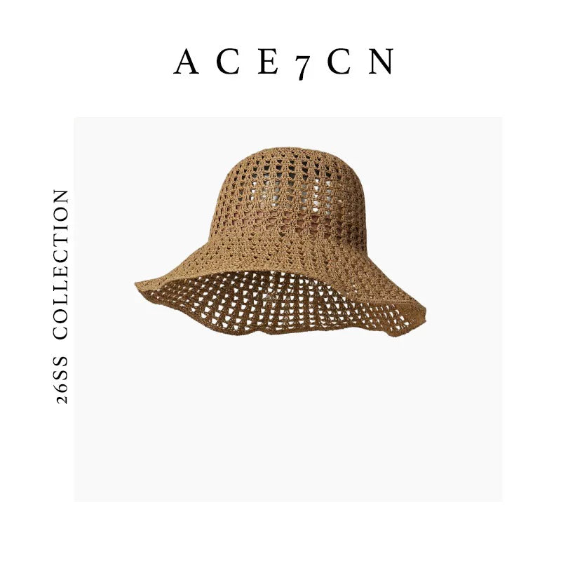 Foldable Openwork Straw Bucket Hat — ACE7CN