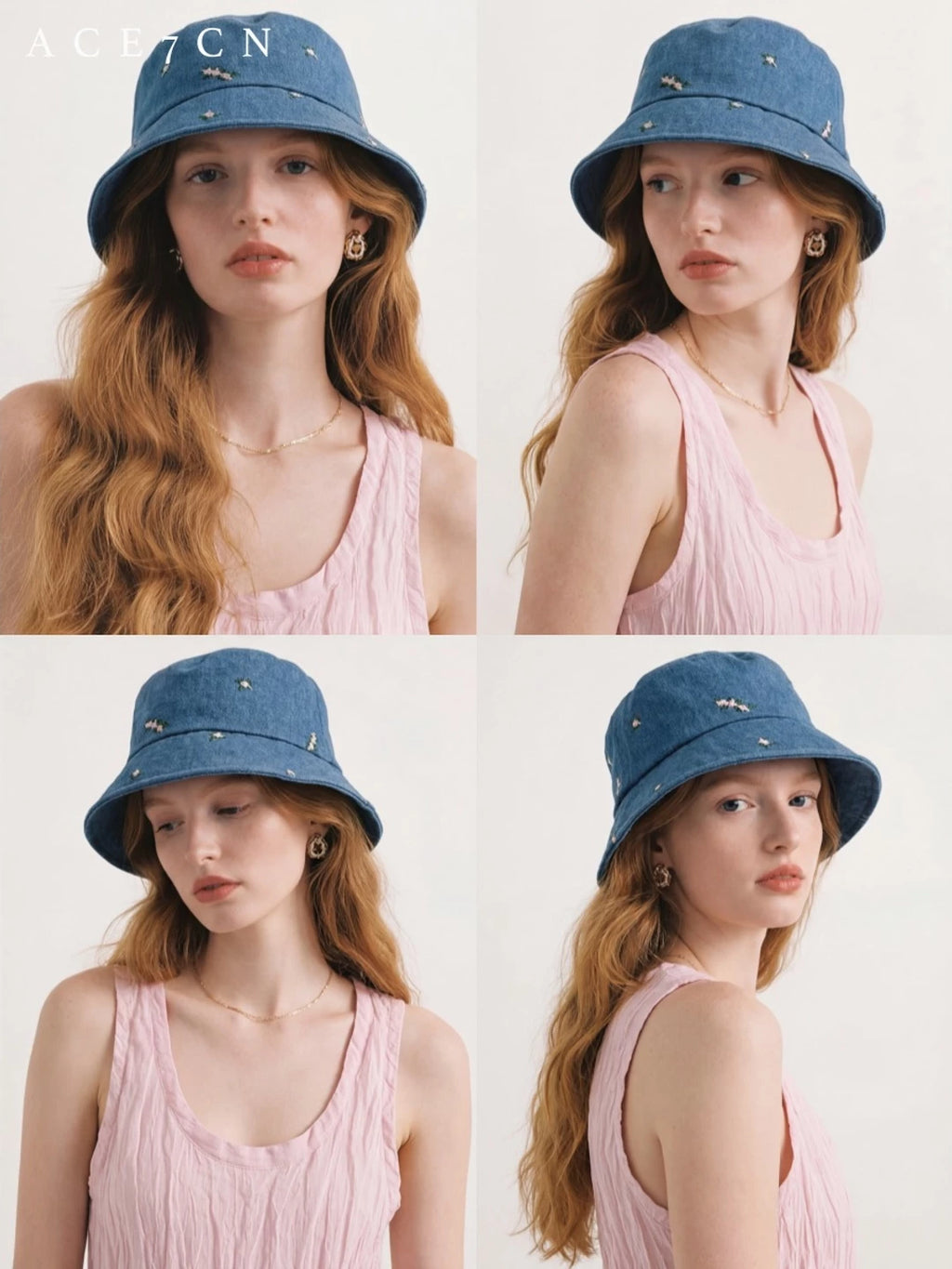 Floral-Embroidered Denim Bucket Hat — ACE7CN