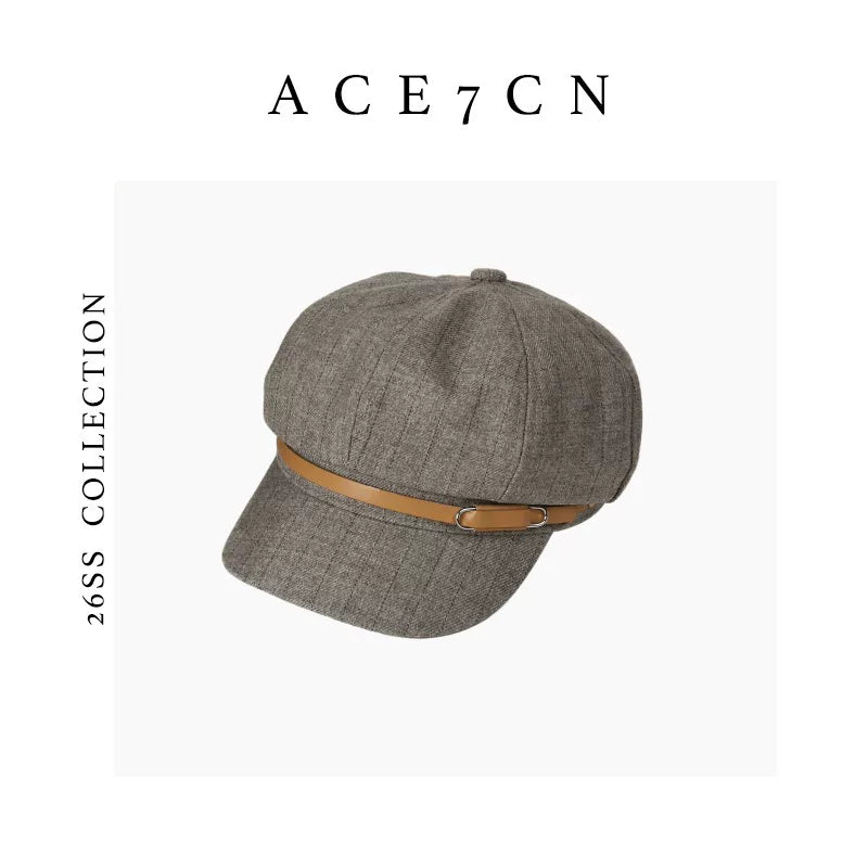 Leather-Buckle Striped Newsboy Cap — ACE7CN