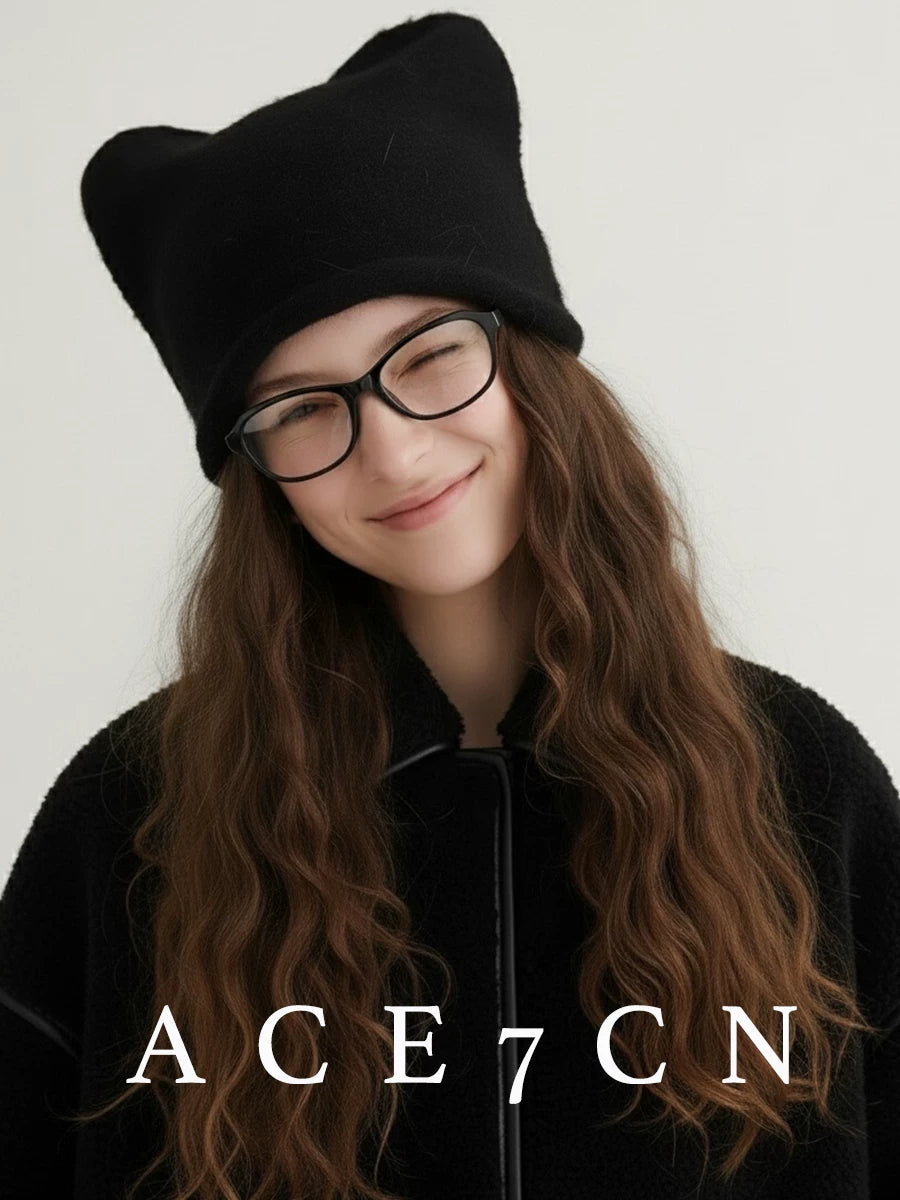 Monochrome Cat-Ear Angora Ear-Flap Beanie — ACE7CN