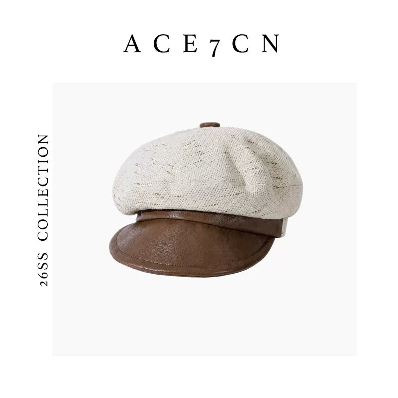 Leather-Peak Woven Newsboy Cap — ACE7CN