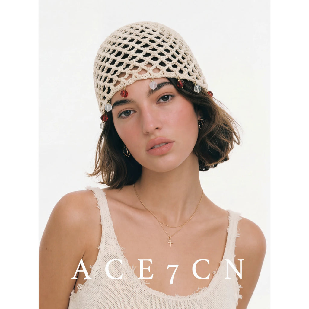 Gem-Pendant Openwork Knit Beanie — ACE7CN