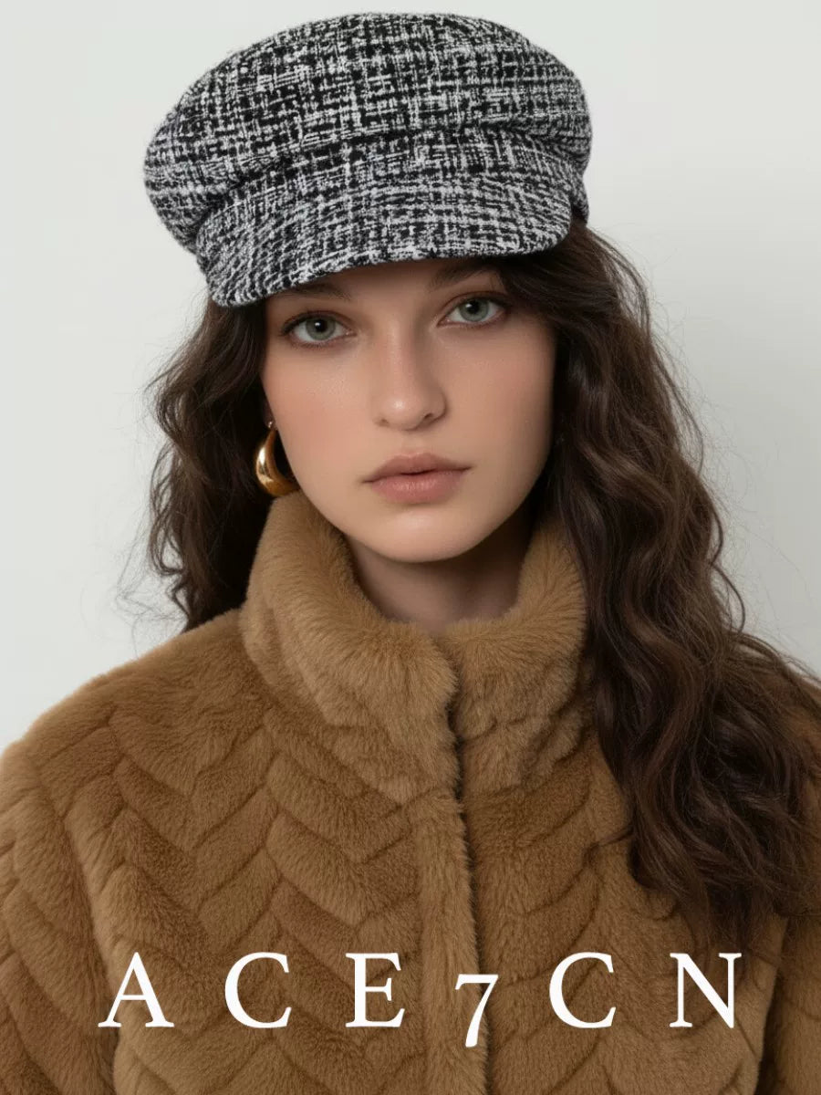 Plaid Tweed Flat-Top Newsboy Cap — ACE7CN