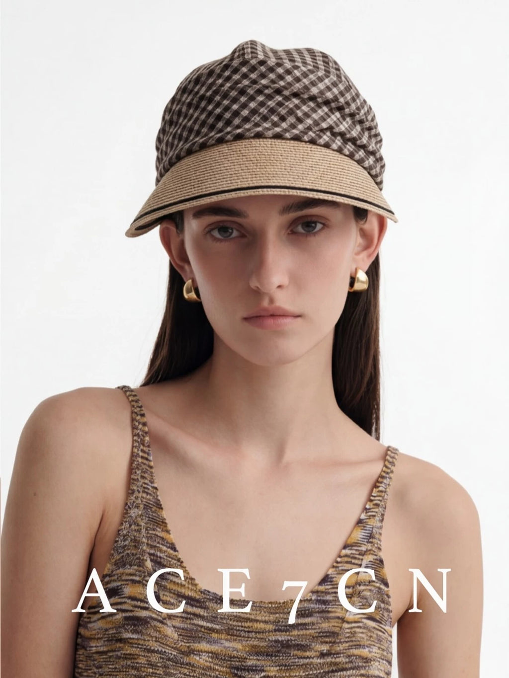 Pleated Plaid Straw-Panel Sun Hat — ACE7CN