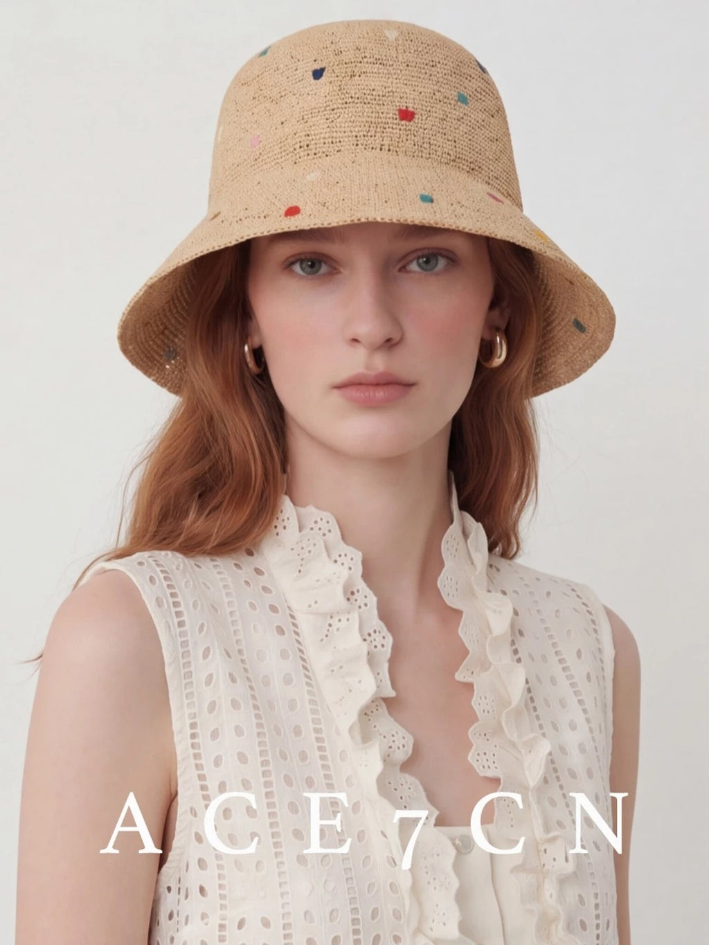 Embroidered Multi-Dot Raffia Bucket Hat — ACE7CN