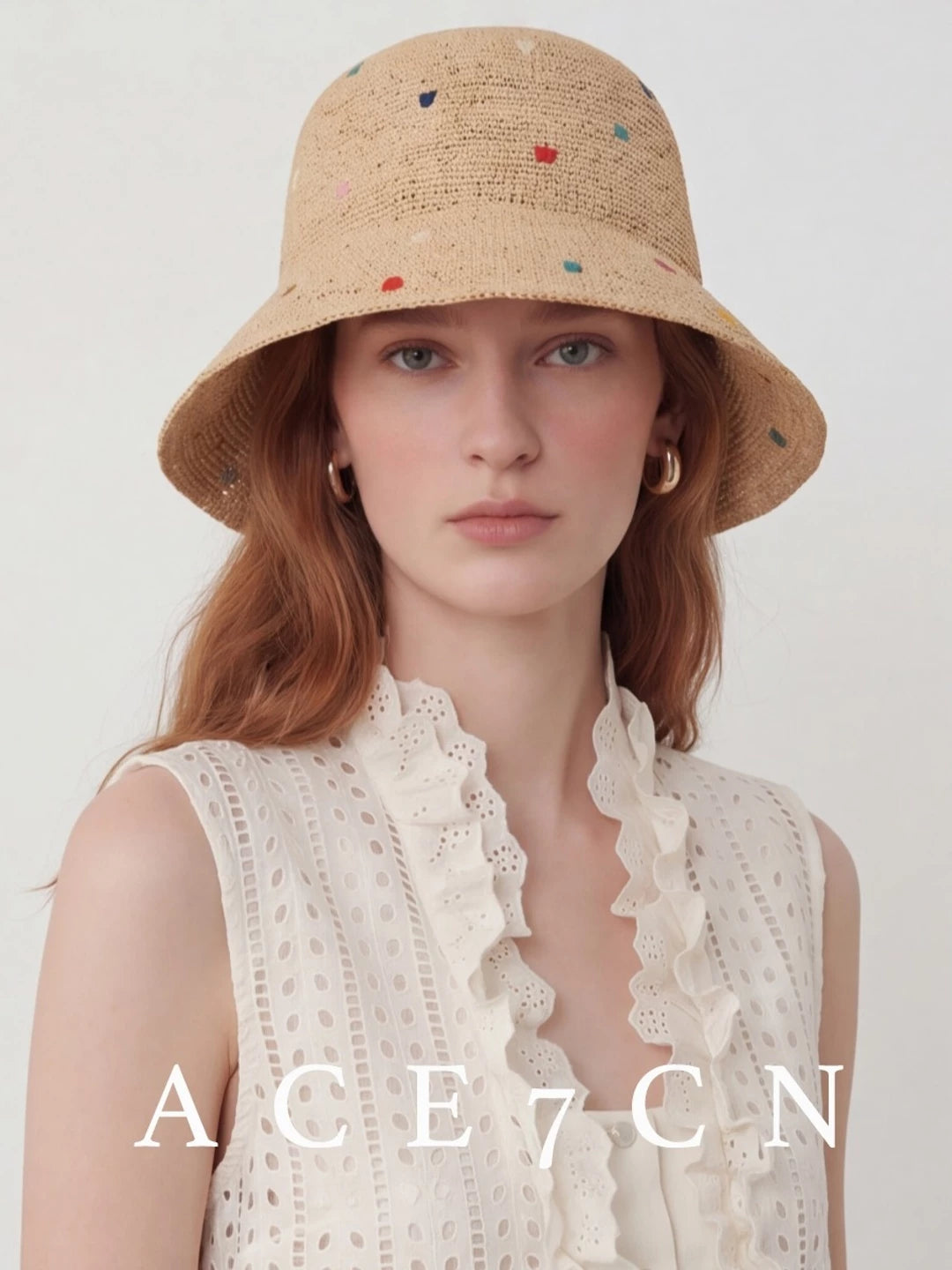 Embroidered Multi-Dot Raffia Bucket Hat — ACE7CN