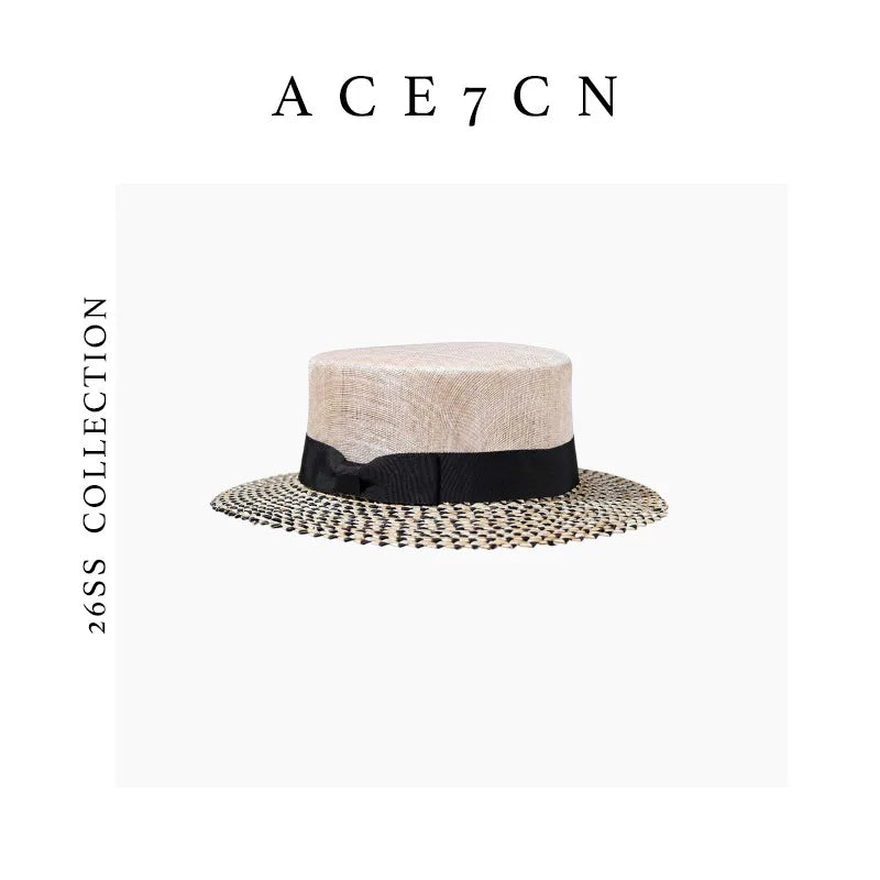Two-Tone Wheat-Straw Flat-Top Boater — ACE7CN