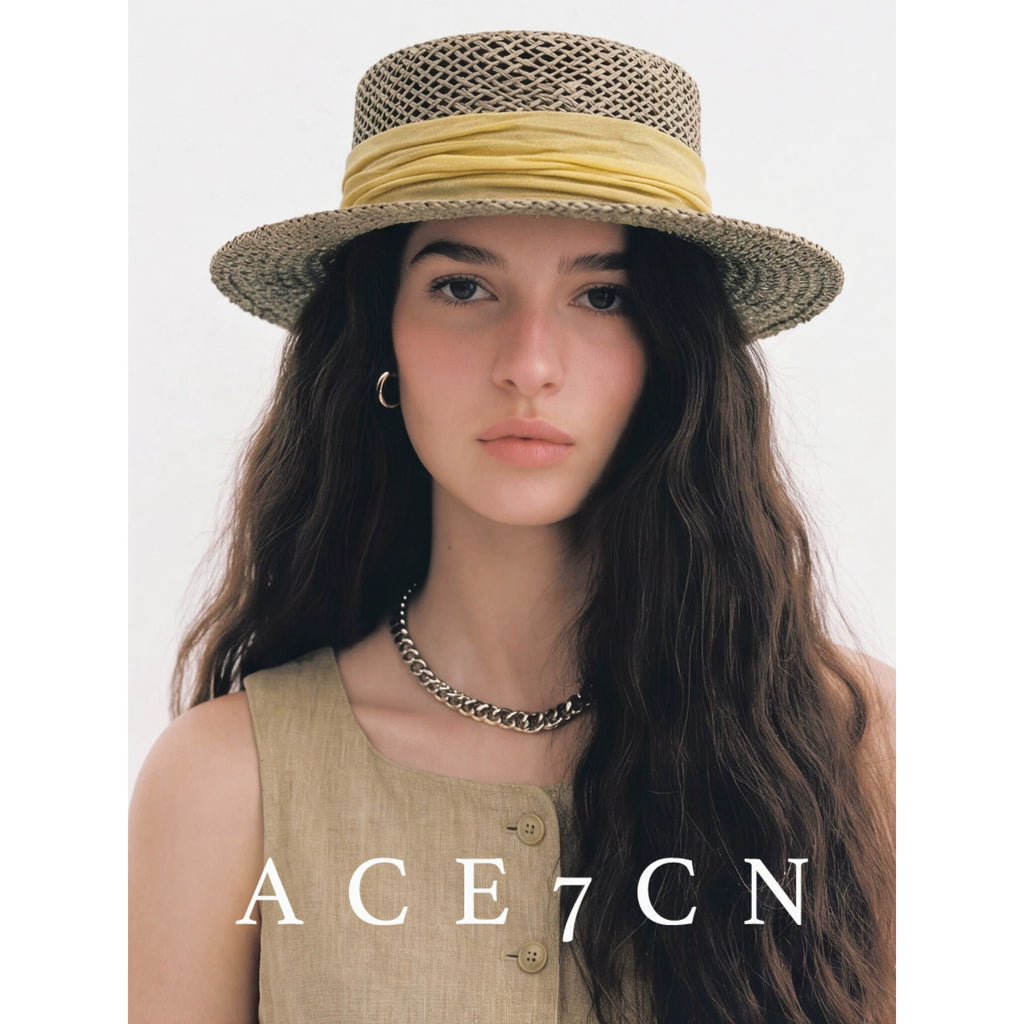 Ribbon-Trim Seagrass Flat-Top Boater — ACE7CN
