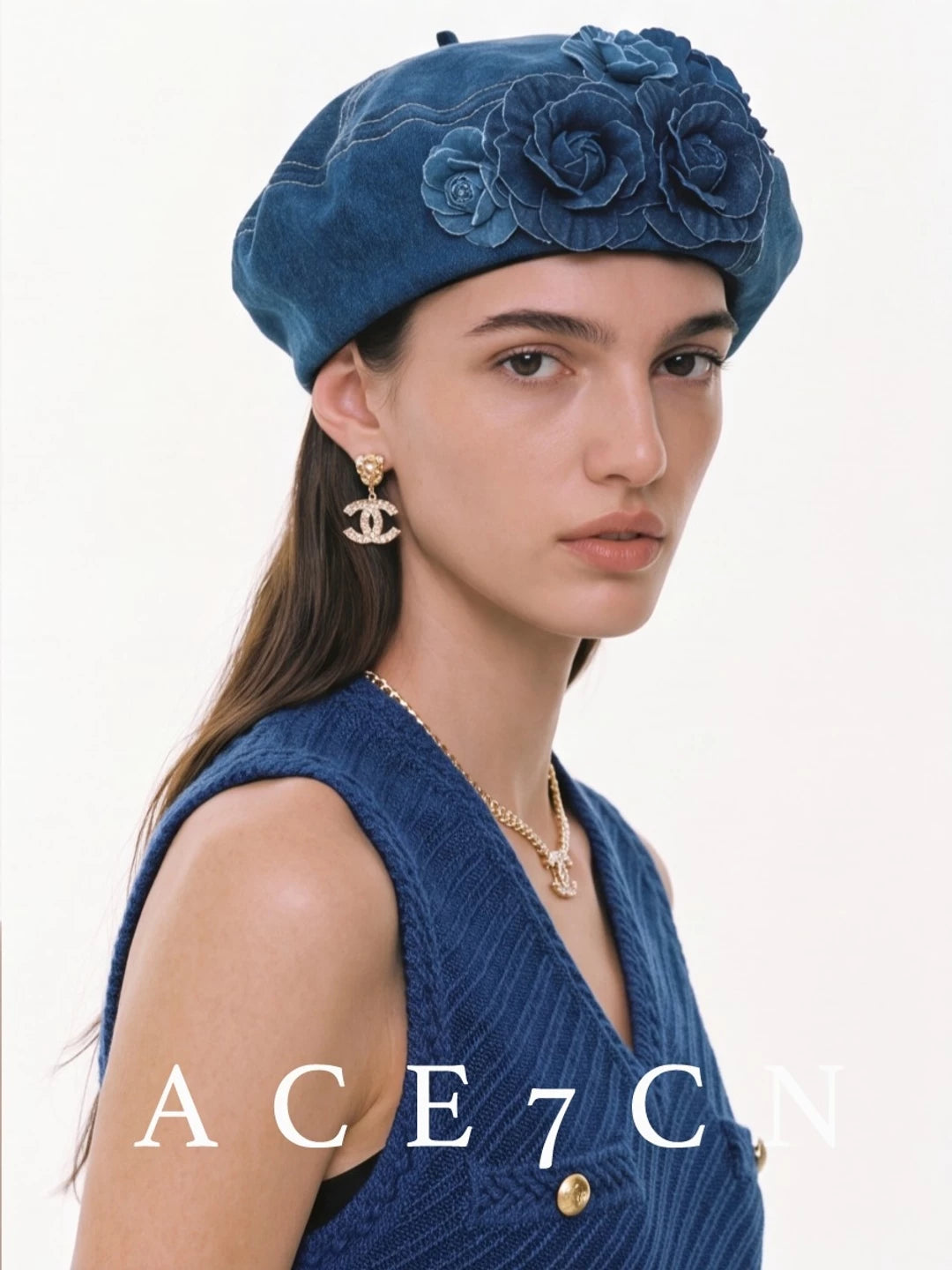 Floral Washed-Denim Painter Beret — ACE7CN