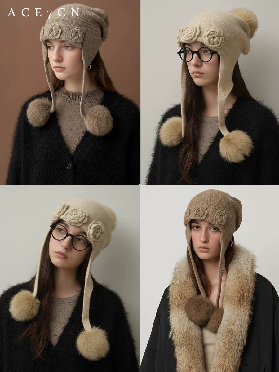 Flower-Embellished Cashmere Ear-Flap Beanie — ACE7CN