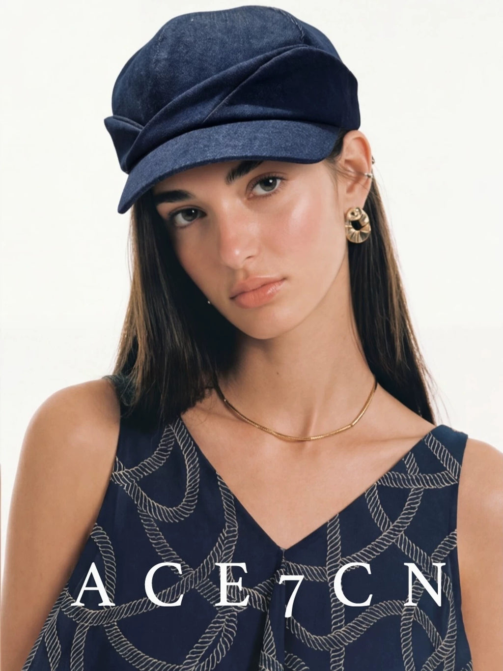 Roll-Brim Denim Newsboy Cap — ACE7CN