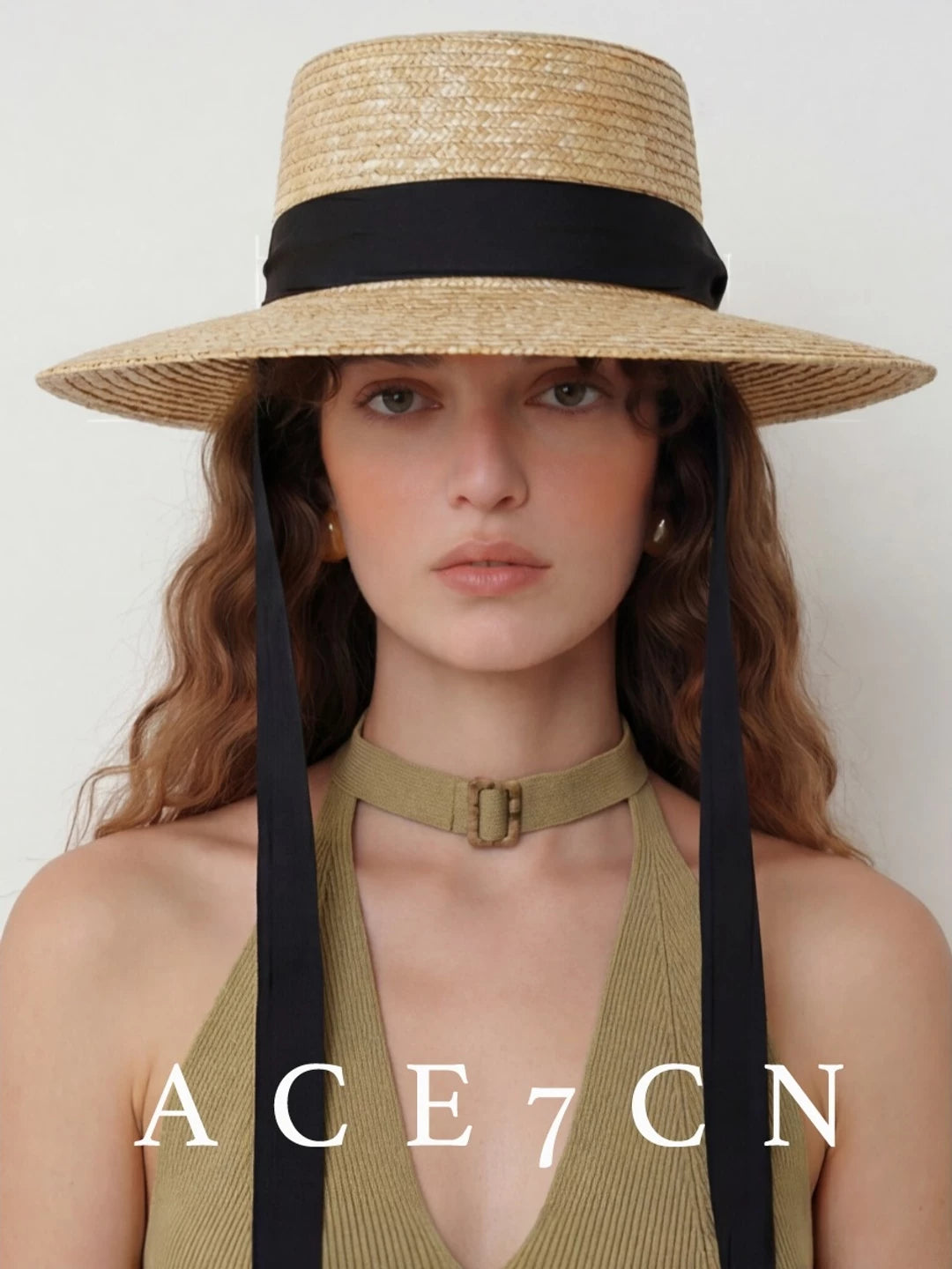 Tie-Strap Wheat-Straw Wide-Brim Sun Hat — ACE7CN