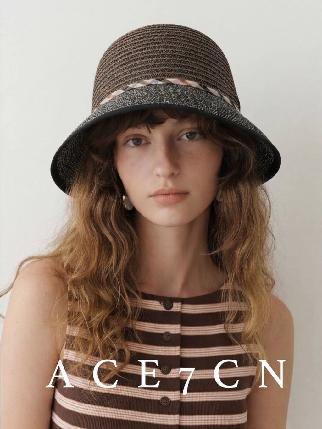 Plaid-Trim Wide-Brim Straw Sun Hat — ACE7CN