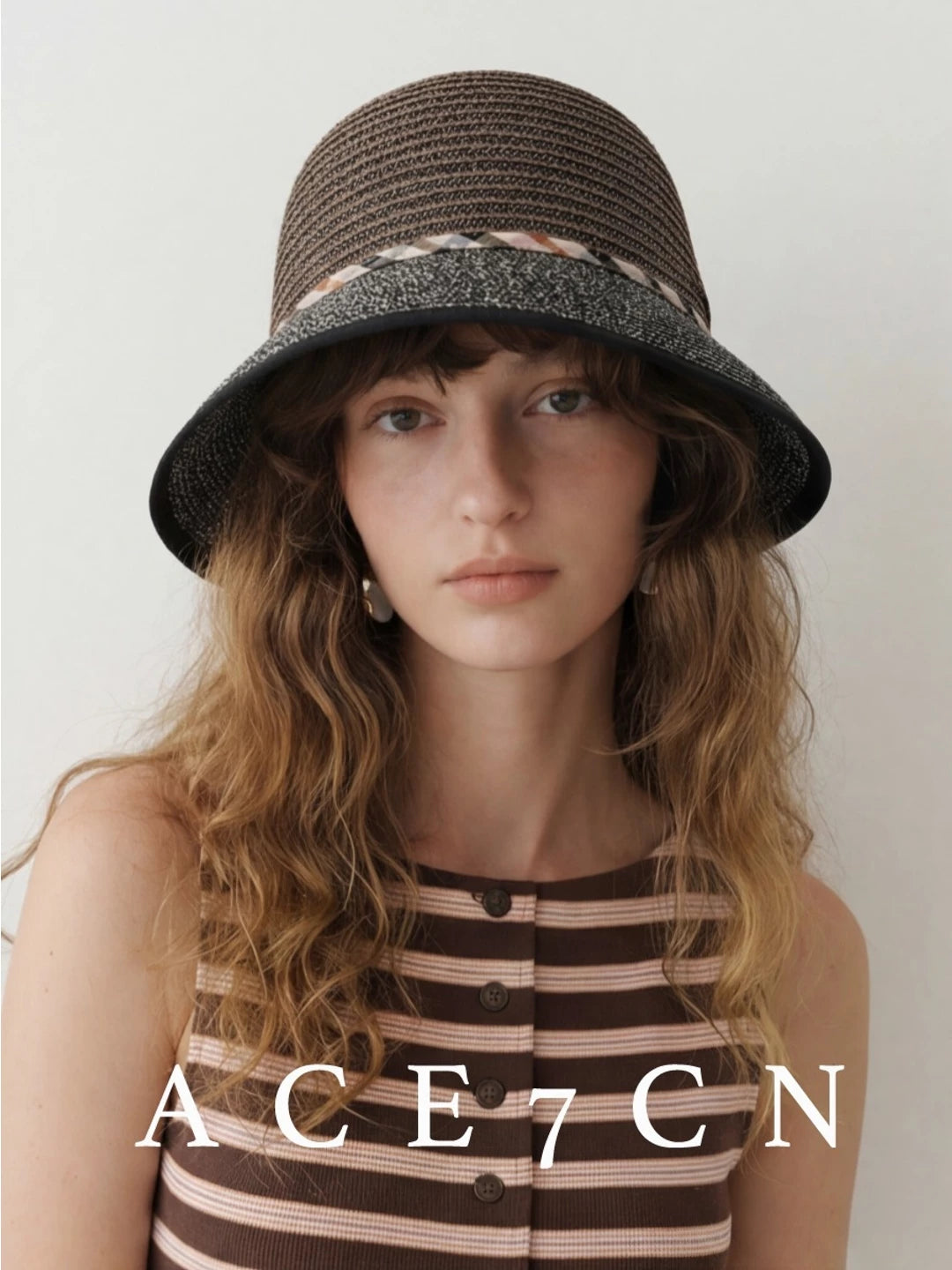 Plaid-Trim Wide-Brim Straw Sun Hat — ACE7CN