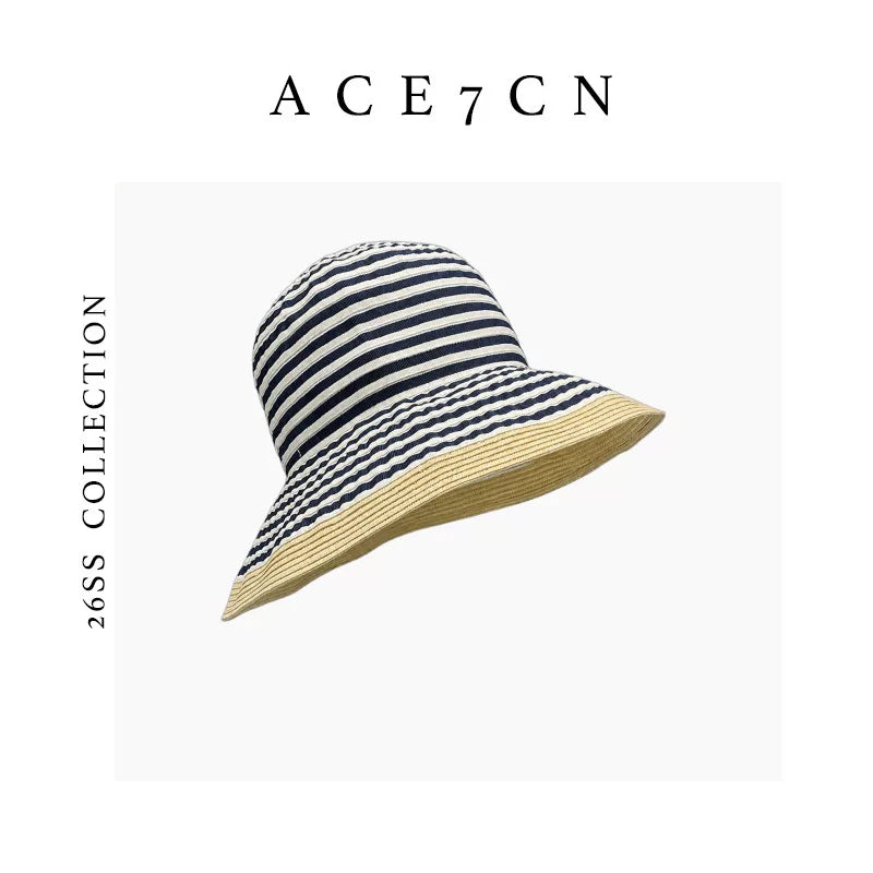 Foldable Striped Paper-Straw Bucket Hat — ACE7CN