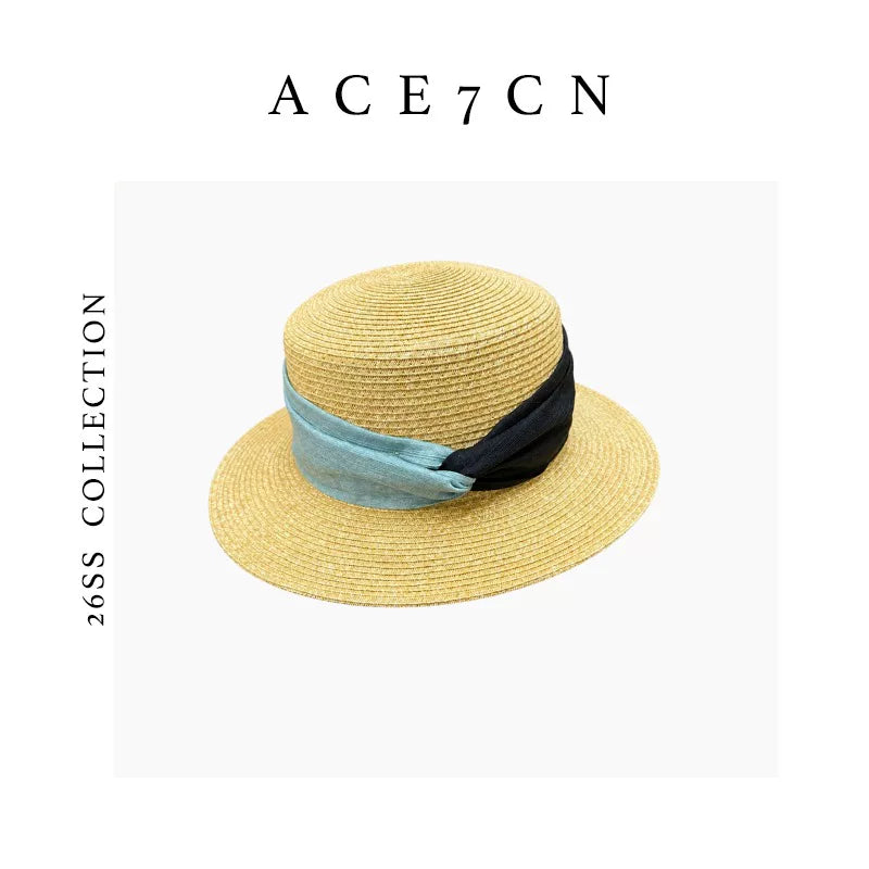 Contrast Ribbon Flat-Top Straw Boater — ACE7CN