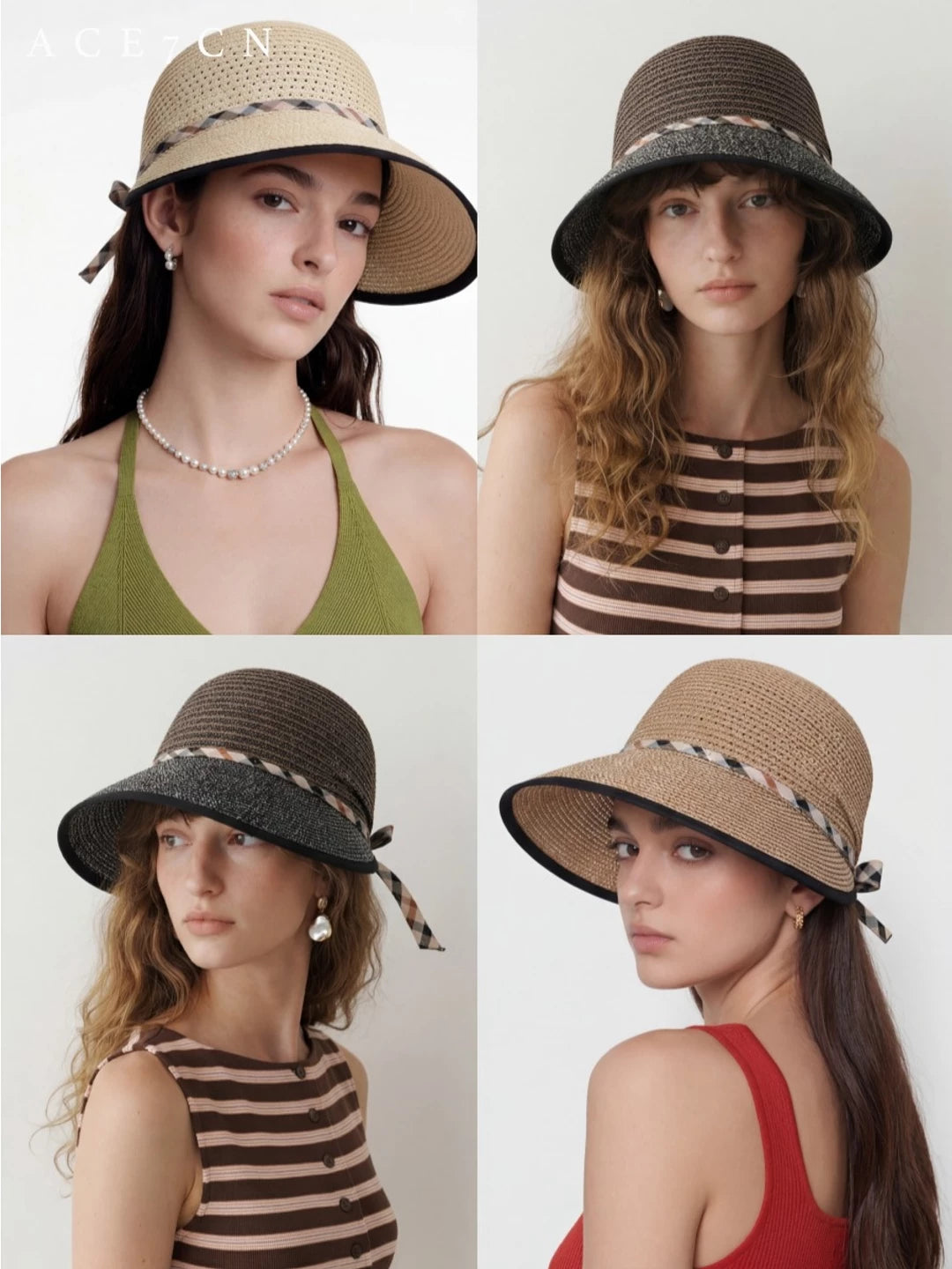 Plaid-Trim Wide-Brim Straw Sun Hat — ACE7CN