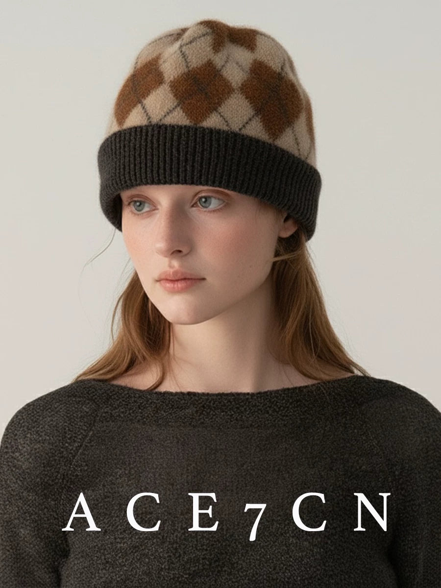 Yellow Argyle Cashmere Beanie — ACE7CN