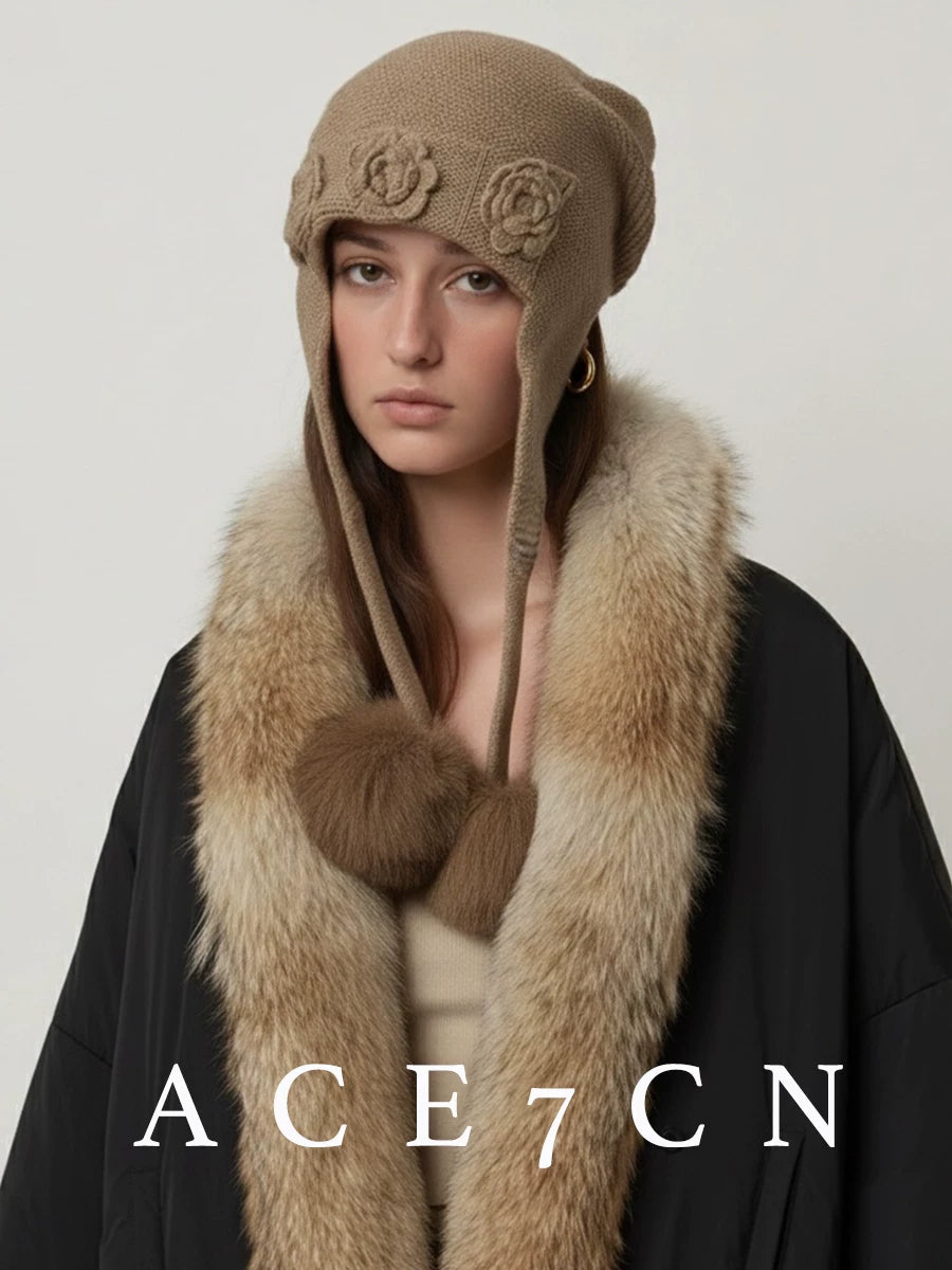 Flower-Embellished Cashmere Ear-Flap Beanie — ACE7CN