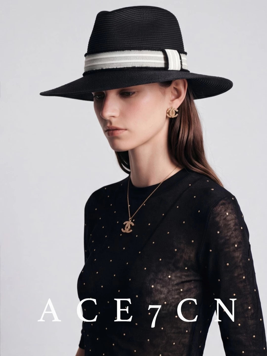 Monochrome Wide-Brim Straw Fedora — ACE7CN