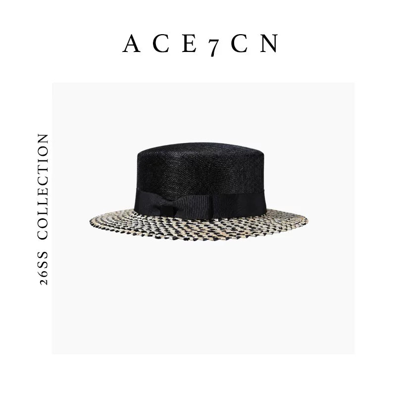 Two-Tone Wheat-Straw Flat-Top Boater — ACE7CN