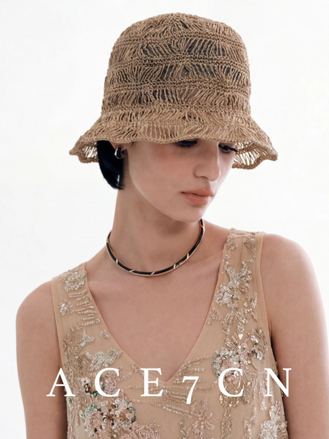 Openwork Straw Bucket Hat — ACE7CN