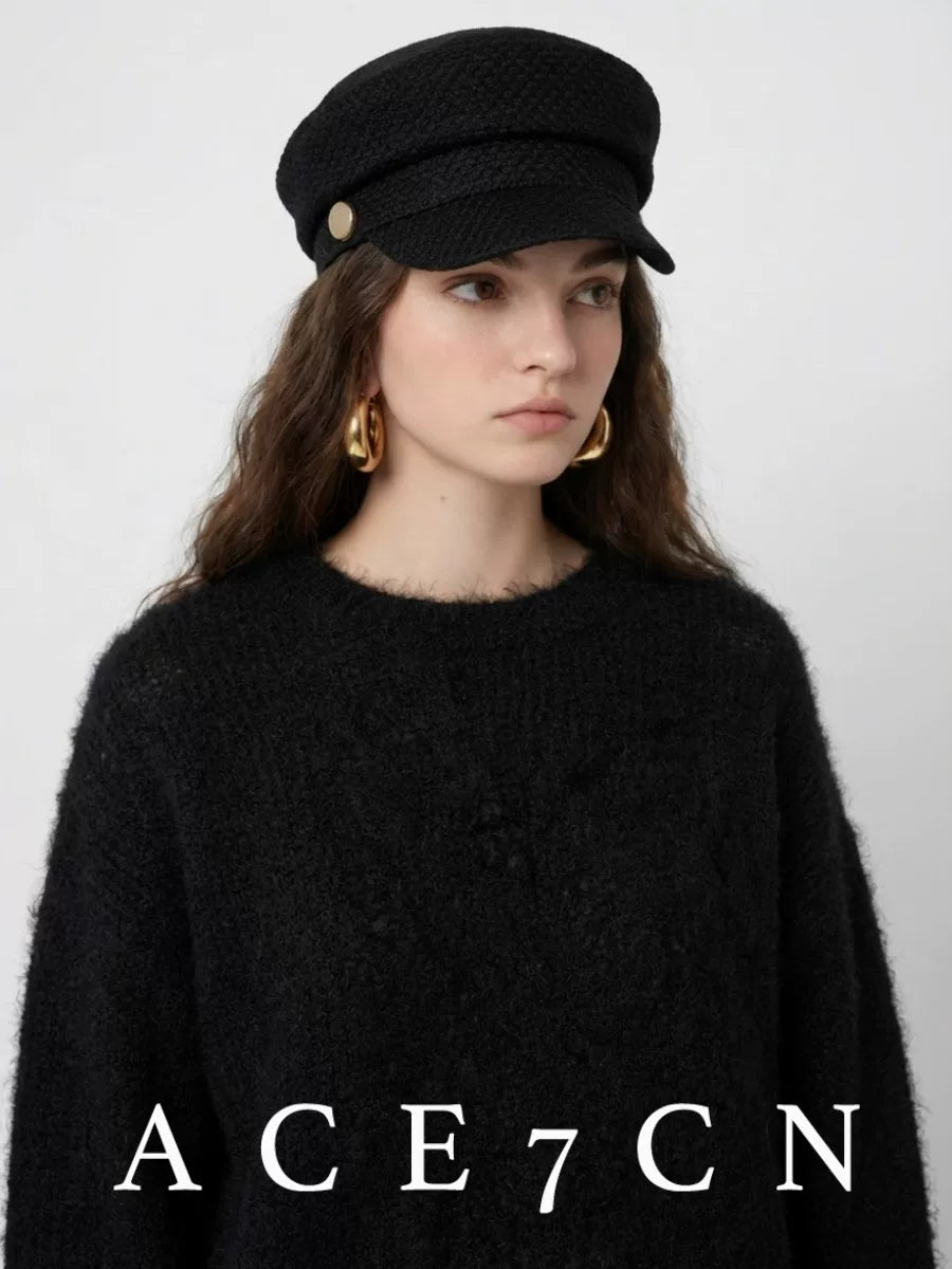 Gold-Buckle Tweed Newsboy Cap — ACE7CN