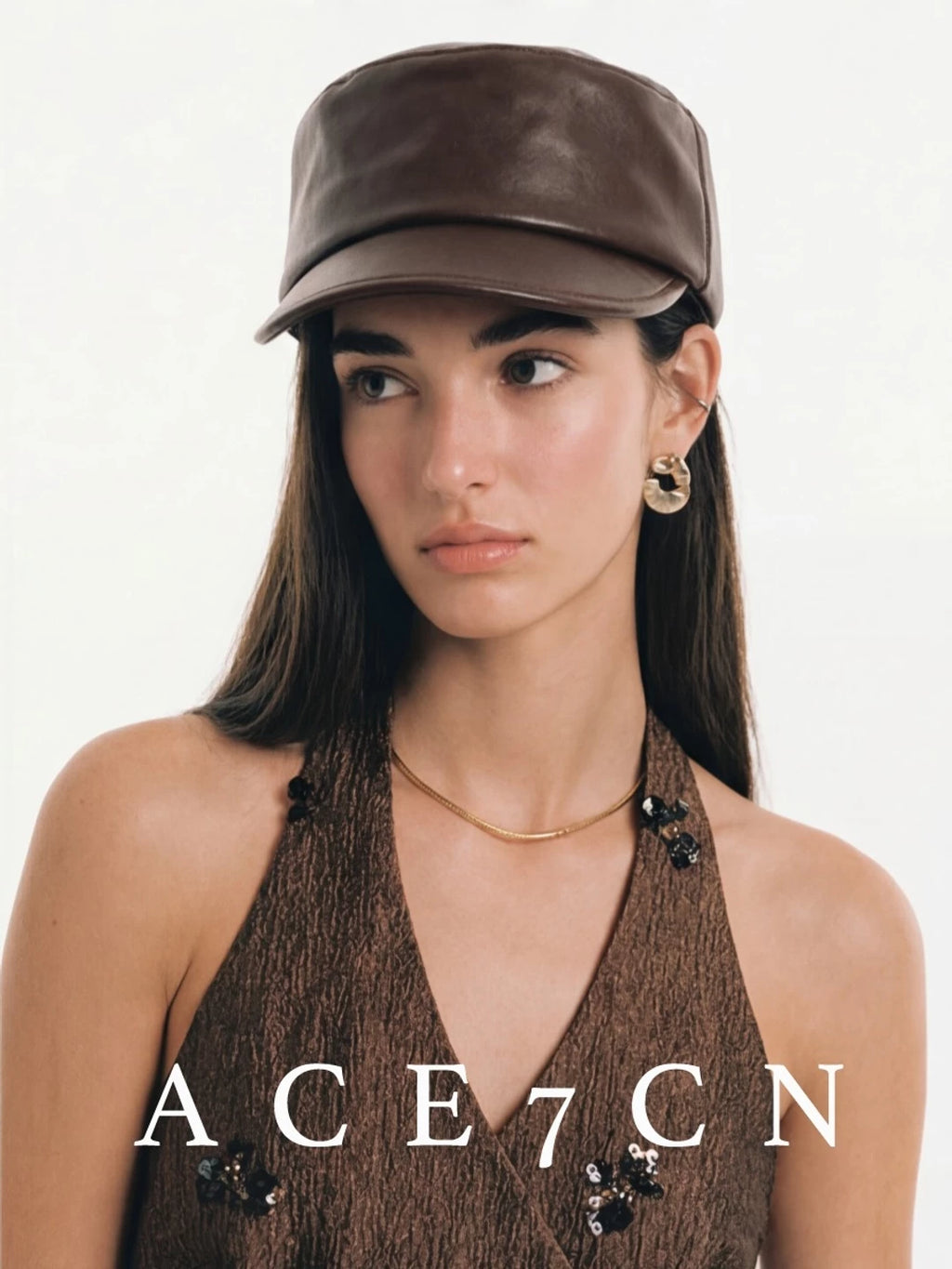 Flat-Top Lamb-Grain Leather Equestrian Cap — ACE7CN