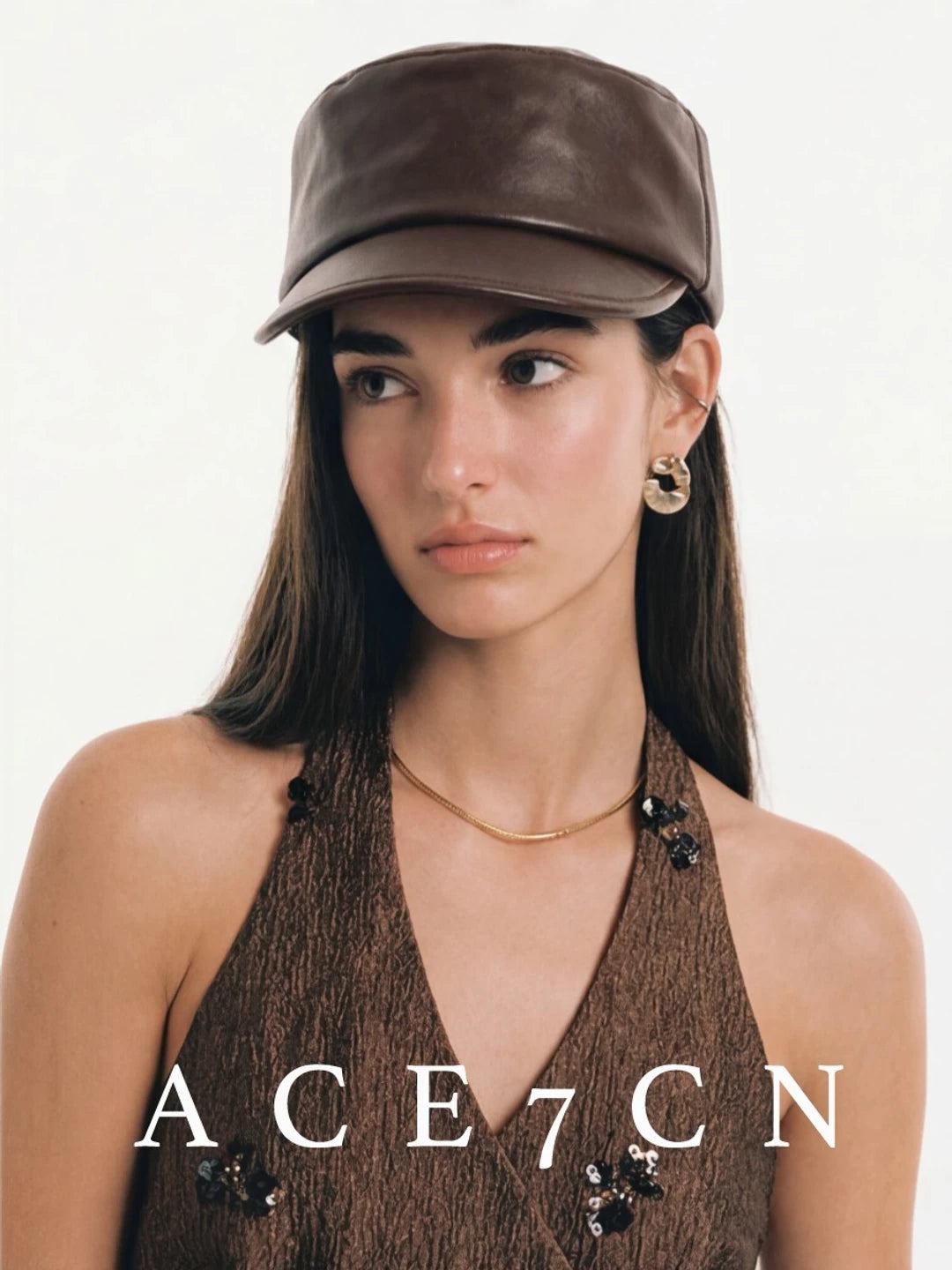 Flat-Top Lamb-Grain Leather Equestrian Cap — ACE7CN