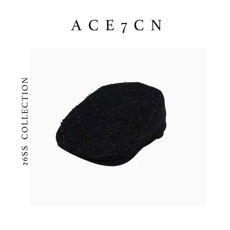 Diamond-Stitch Shimmer Denim Flat Cap — ACE7CN