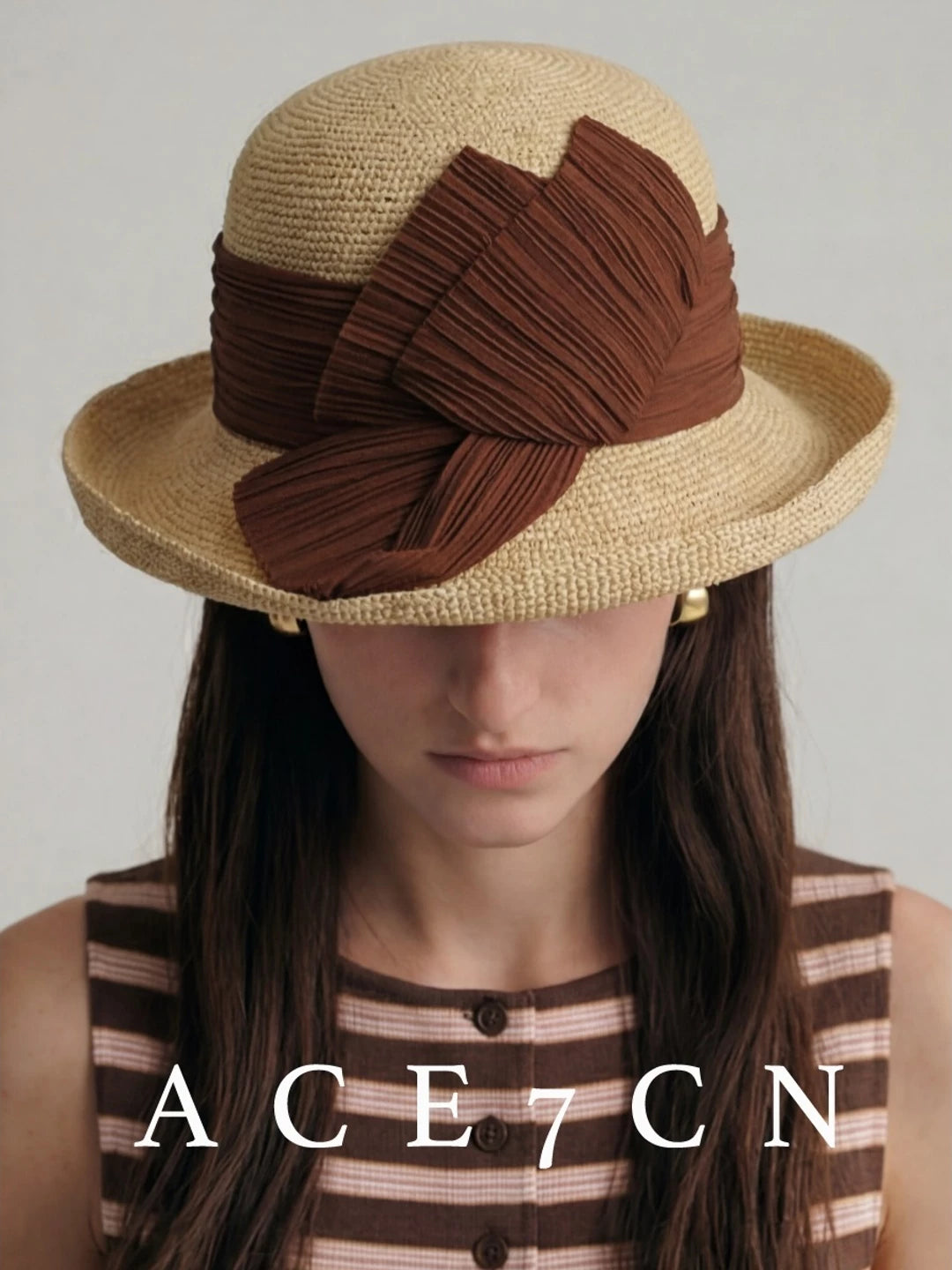 Pleated-Flower Roll-Brim Raffia Bucket Hat — ACE7CN