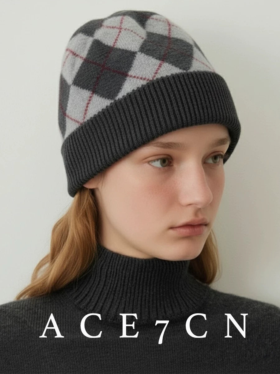 Gray Argyle Cashmere Beanie — ACE7CN