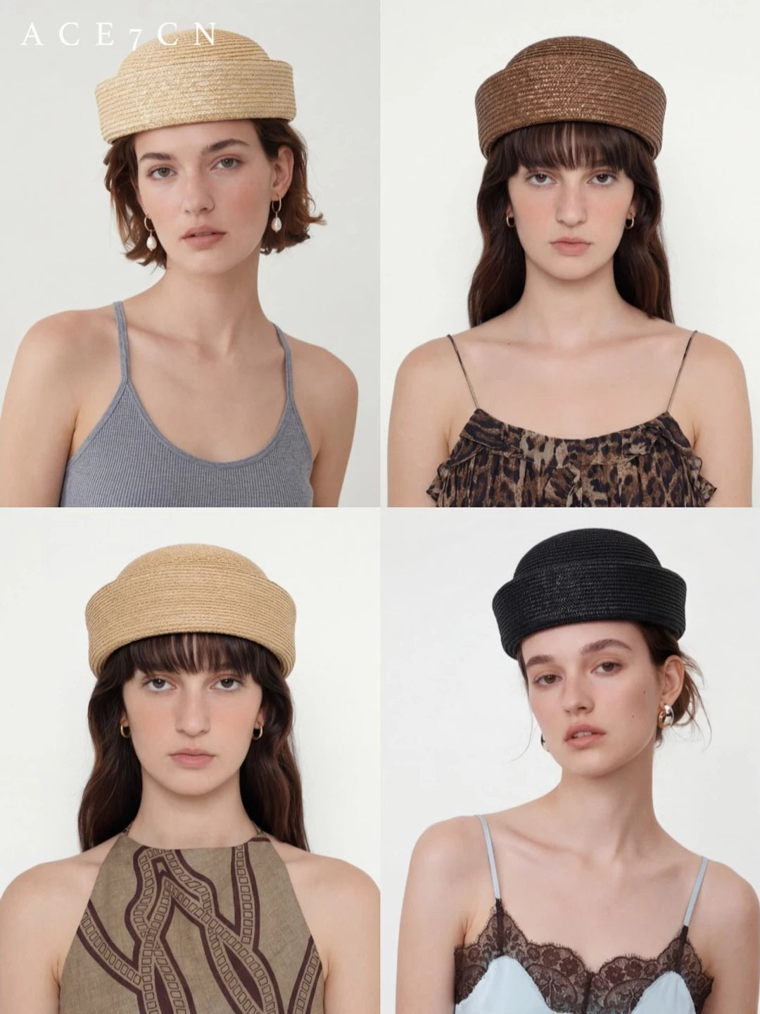 Rounded-Crown Straw Pillbox Hat — ACE7CN