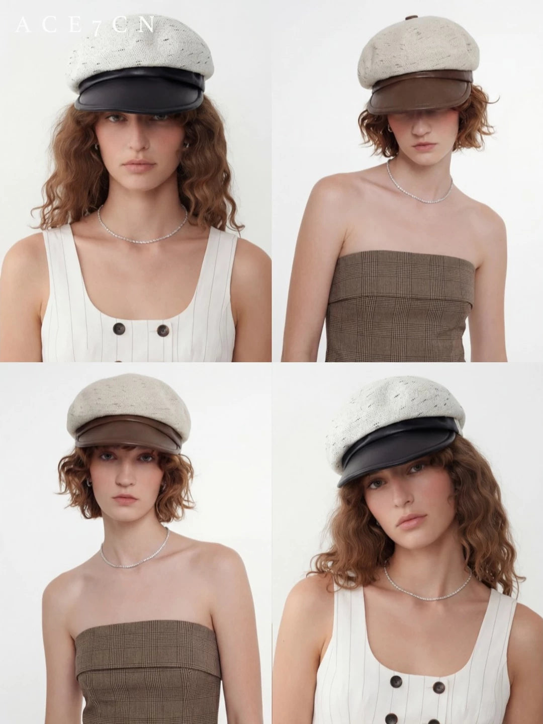 Leather-Peak Woven Newsboy Cap — ACE7CN