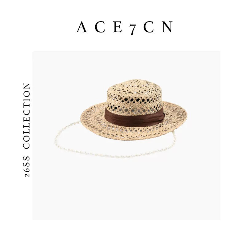 Pearl-Chain Openwork Straw Western Hat — ACE7CN