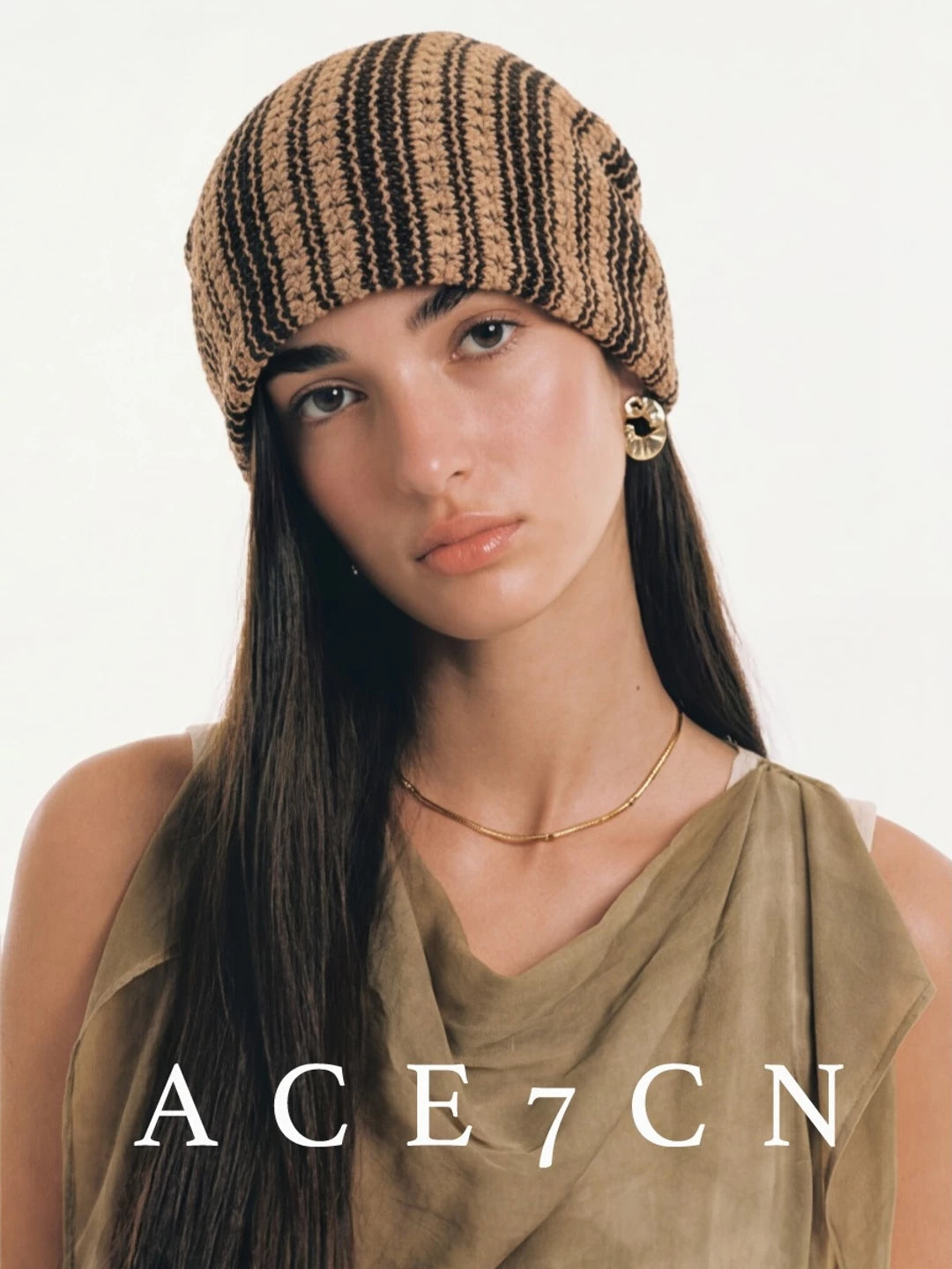 Striped Openwork Knit Slouch Beanie — ACE7CN